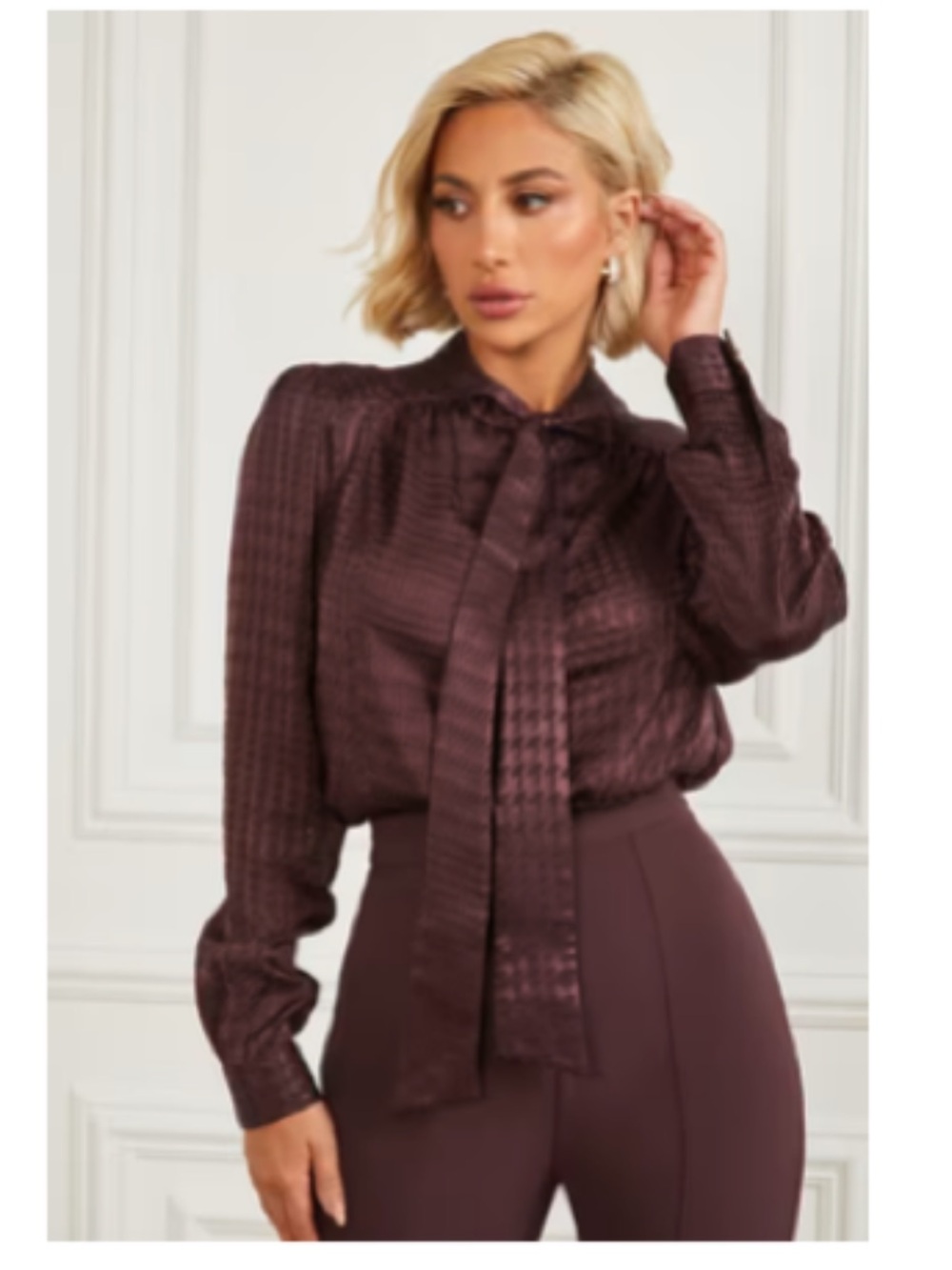 Marciano Millie Tie-Neck Blouse in Deep Plum - Size M